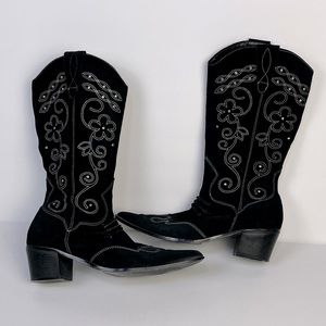 Rare Suede Cowgirl Boots Black Size 10 Leather Upper Embroidered